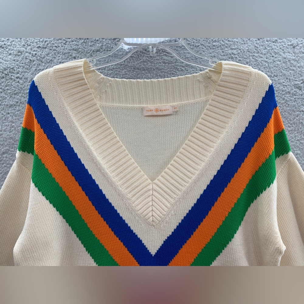 Tory Burch Cream V‑Neck Sweater with Blue, Orange & Green Chevron - Picture 4 of 11